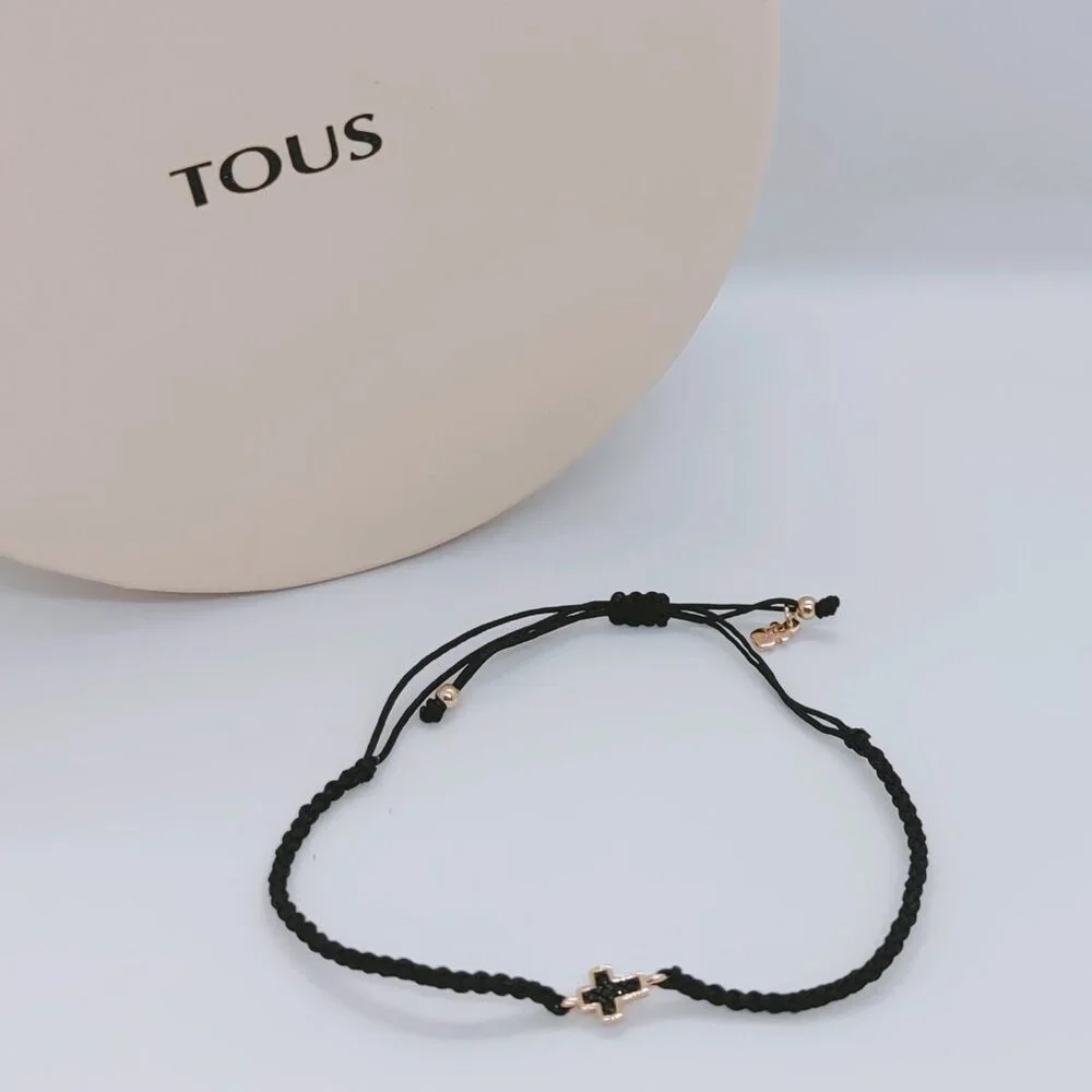 TOUS Motif cross Bracelet in Rose Gold Vermeil with Spinels and black Cord - Picture 1 of 11